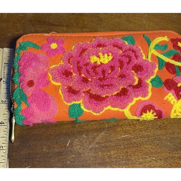 Embroidered Zip Around Wallet 8x4 Orange, Pink Boho Joyful 8"x4" - Picture 5 of 5